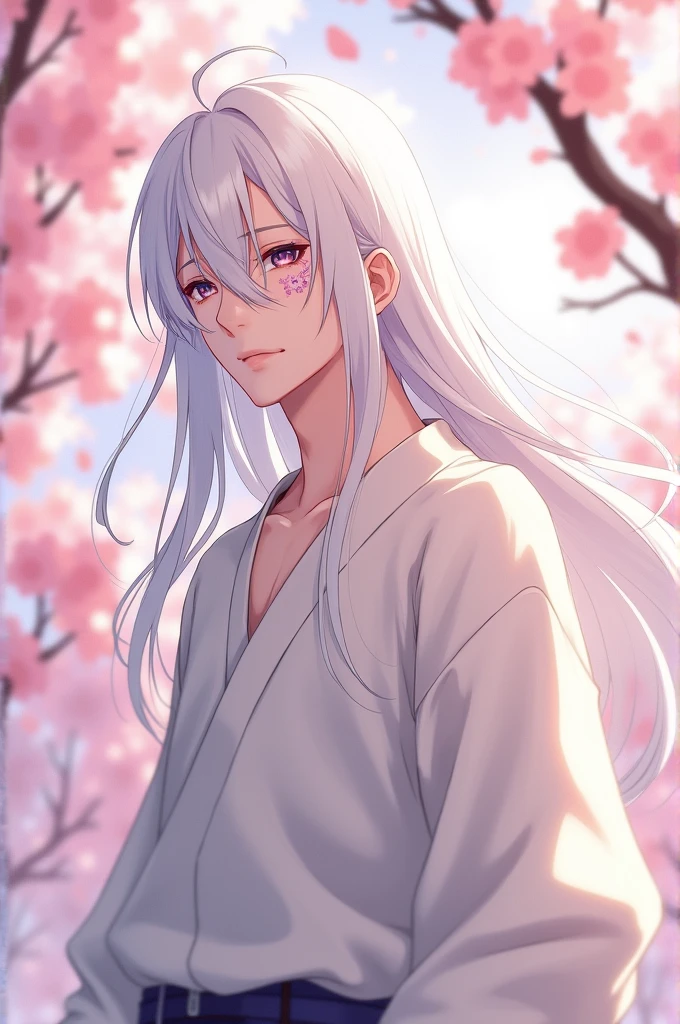 Anime version a man with long straight white hair, one of the eyes with a flower, pale skin, loose clothing in neutral tones