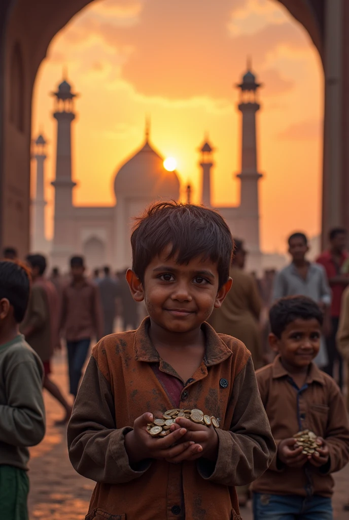 A hungr poor kids bagging money from of jamaa masjid in delhi sunset time hyper realistic