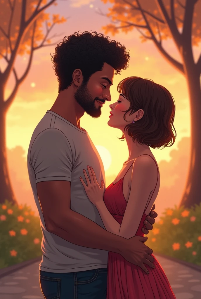 Illustrated hugging couple, Tall Man, with black curly hair, a little beard, Brown eyes, woman with short straight hair, brown, high, with a nice waist and legs