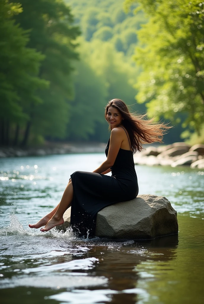 woman sitting on rocks in a river, hair flip splash, lush green forest in background, serene water, black dress, natural environment, candid moment, nature photography