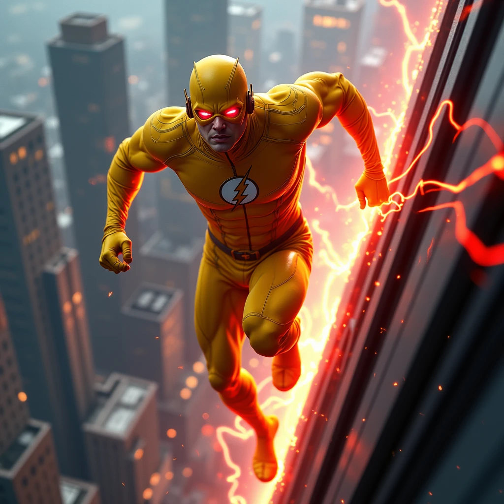 The reverse flash, yellow suit,red lightning trail,slow mo image, running up a building,legs are blurry,red vizors