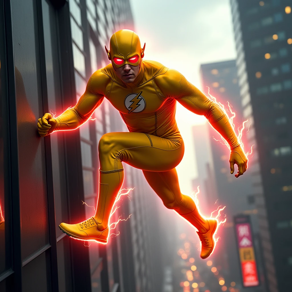 The reverse flash, yellow suit,red lightning trail,slow mo image, running up a building,legs are blurry,red vizors