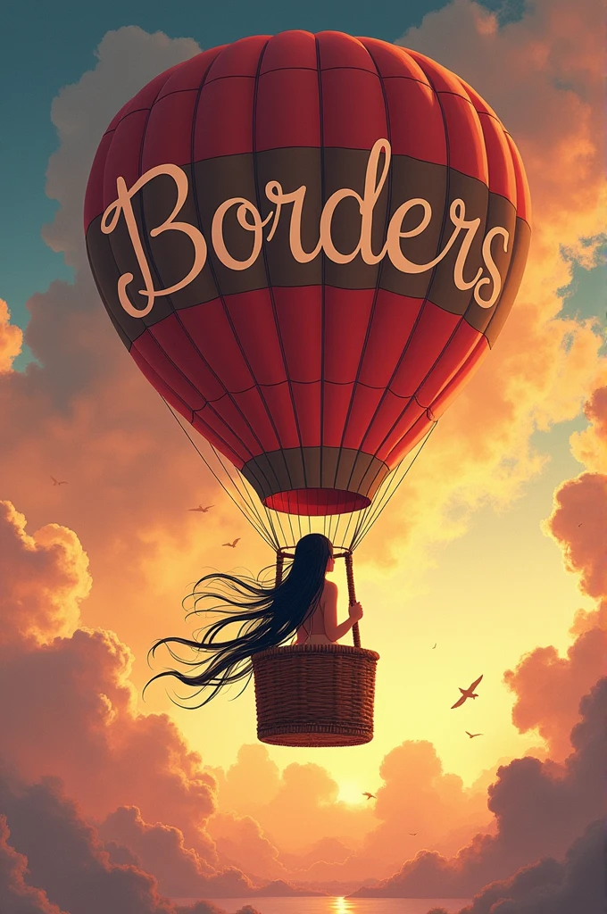 Crea la portada de la obra llamada fronteras de la autora Marcia Kupstas y en la portada de fondo haz un dibujo de la protagonista mujer con pelo negro y ojos expresivos montada en un globo aerostático mirando al horizonte en un paisaje con muchas nubes con colores tonos cálidos y en la parte de arriba pon el titulo: borders and at the bottom put: Marcia Kupstas