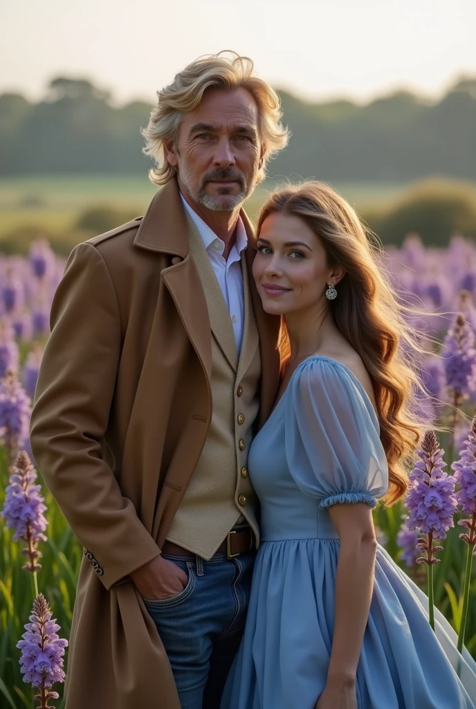 Handsome man, strong Englishman, mature, tycoon, wavy blond hair, blue eyes, wearing a classic coat, stands next to a young, delicate woman with highlighted brown hair. She is wearing a graceful blue dress, head resting on shoulder in a beautiful field landscape with violet orchids in Abbotsbury London, morning light