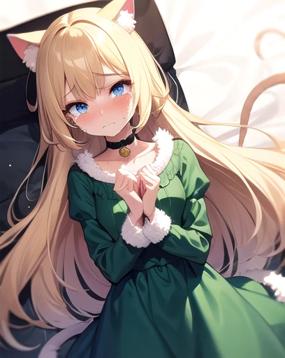 Sad Girl with long blond hair, cat ears, furry cat tail. Blue eyes. Green cute dress. Crying. (Tears 10)