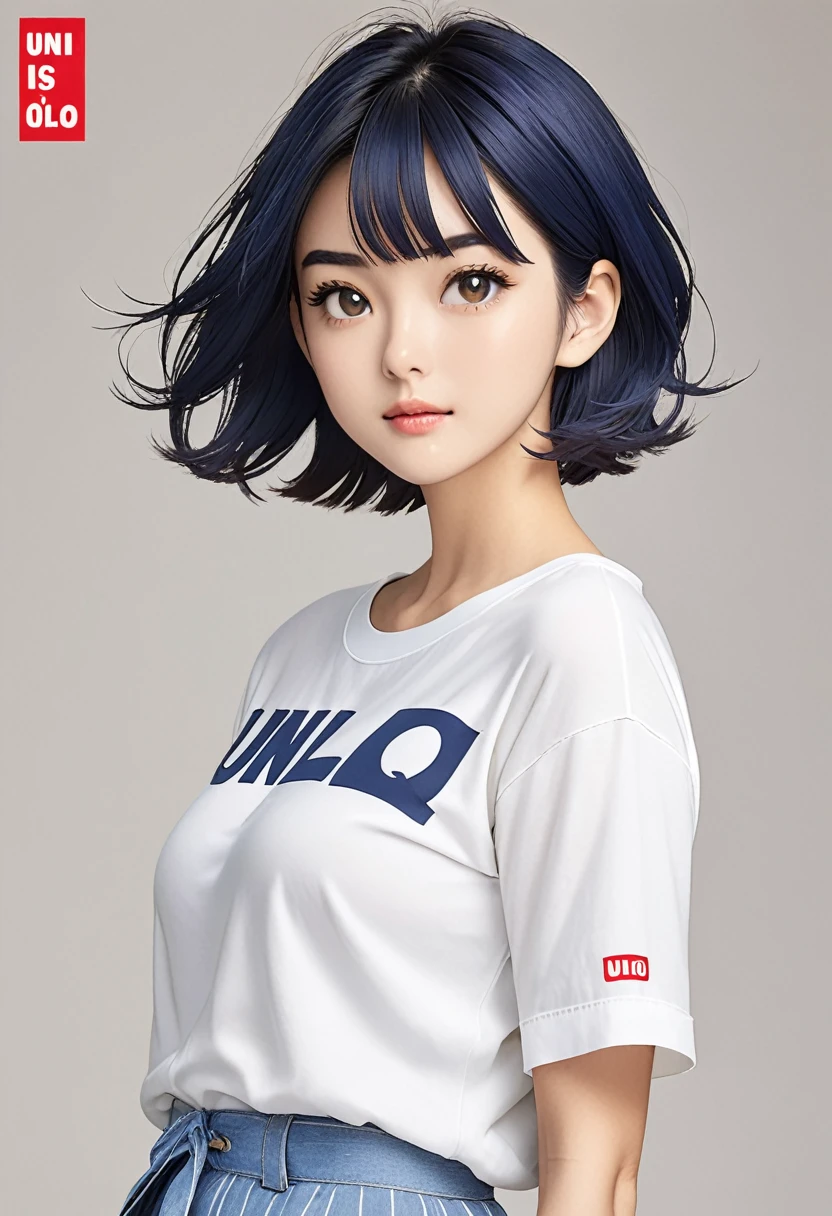 (masterpiece, best quality), "UNIQLO" photo model girl, "UNIQLO" logo, she is posing like a model,1page of magazine, BREAK (japanese,cutie,16yo,detailed face,(darkblue hair,wavy-short hair),middle thick eyebrows,middle small breasts),