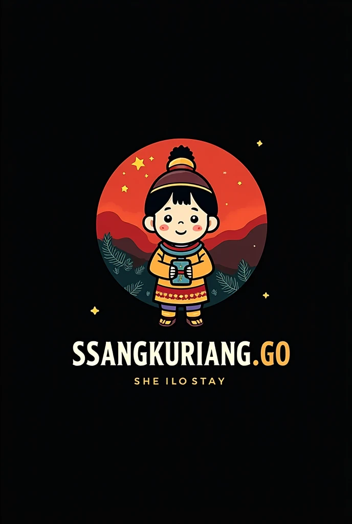 A mesmerizing, ultra-high-resolution logo design featuring a villager mascot in a circular pattern. The word "SSSANGKURIANG.GO" is prominently displayed in the center, with a sleek and minimalist style that showcases clean lines and intricate details. The background is a deep and rich black, allowing the vibrant and cinematic colors of the design to truly stand out. The overall effect is a professional, photo-realistic masterpiece reminiscent of a high-quality, perfectly capturing the essence of the mountain with a view ship.
