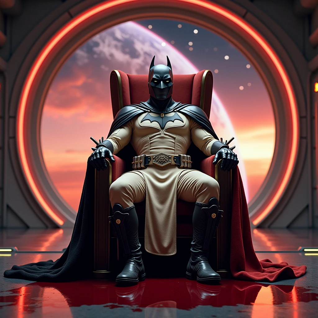Created in high quality 4k image with Batman character, in Jedi outfit. Son armure est beige avec une ceinture en cuir noir ornementé d’élément décoratif, avec une cape noir et rouge

Position : he sits on the throne of Emperor Palpatine, he is slightly slumped on the throne with his right leg resting on the arm of the throne, On the ground lies the body of the emperor in a pool of red blood. : in a spaceship illuminated by a setting sun in orange hues, de violet et de rouge, Behind the throne is a huge bay window revealing the planet Earth, all surrounded by stars.
