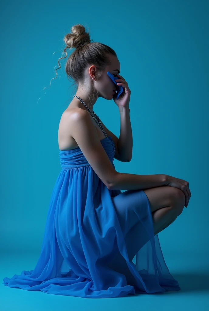 Create the image of the singer Anne-Marie in a blue dress, on his knees with his face covered in cum.