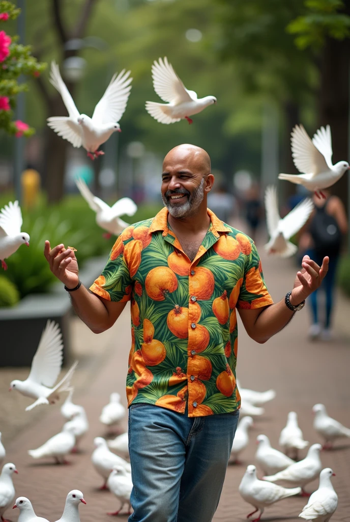 A bald Brazilian man who loves pigeons, there are many doves around the man, even coconut on the shirt