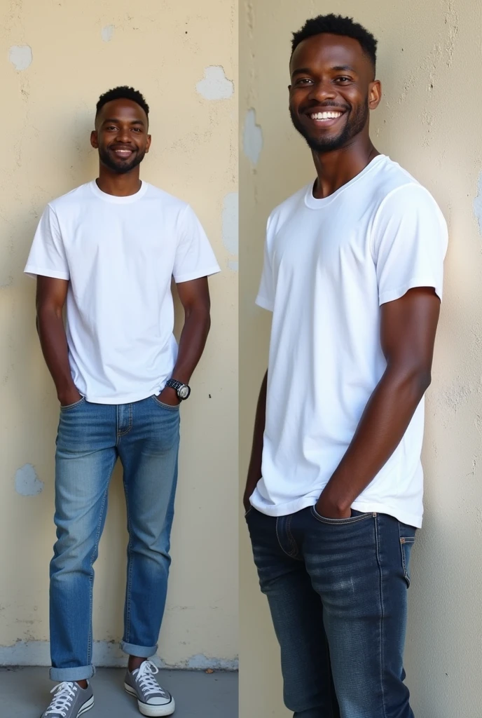Create a split-image of the same light skinned 21 years old Ethiopian man shown side by side against a messed up wall as a background to illustrate a before and after transformation. In the 'before' image on the left, depict the man as shorter and wearing a plain white T-shirt and jeans. In the 'after' image on the right, show the same man taller, with no change in  physique, wearing the same white T-shirt but with casual pants instead. Both images should have the man smiling and looking directly at the camera, with a noticeable difference in height and little difference on presence. The background should be the same for both pictures and minimalist with natural lighting, highlighting the transformation. Make the picture realistic 