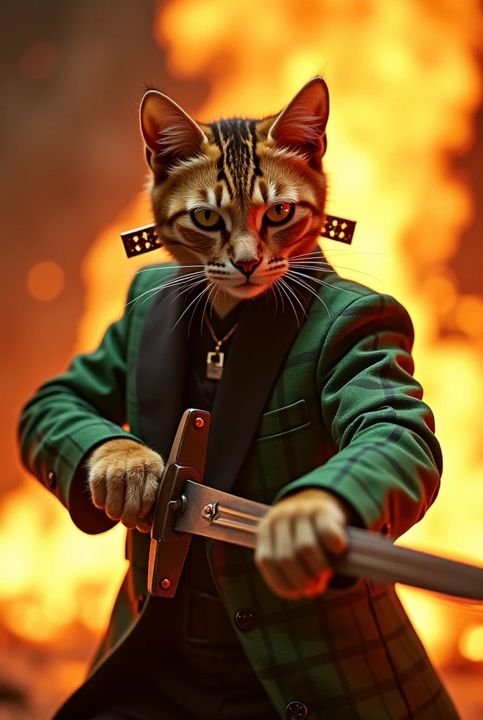 A live-action version of Demon Slayer, but it&#39;s a cat instead of a human.。
Behind him is a flame aura。
Tanjiro the cat wearing gloves。Standing with a sword。Entire limbs。
Green and black two-tone checked blazer。
Bruise on left forehead。
Rectangular earrings on both ears。