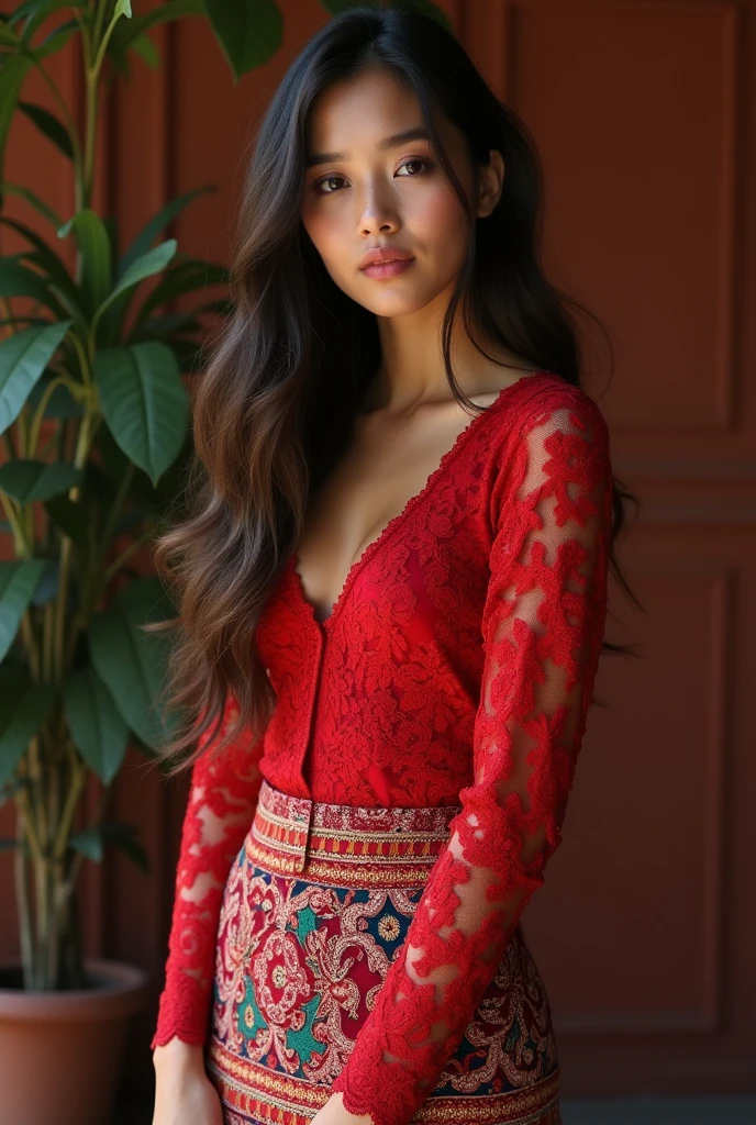 1 Indonesian-Dutch girl, 20 years old, long fashion hair, fit body, skintight red lace kebaya transparan, batik skirt, masterpiece, highly detailed, ultra hd, 8k, detailed face, bright eyes, perfect eyes, detailed skin texture, detailed lips, sexy lips, perfect hands, dynamic angle, cowboy shot, NSFW nudity