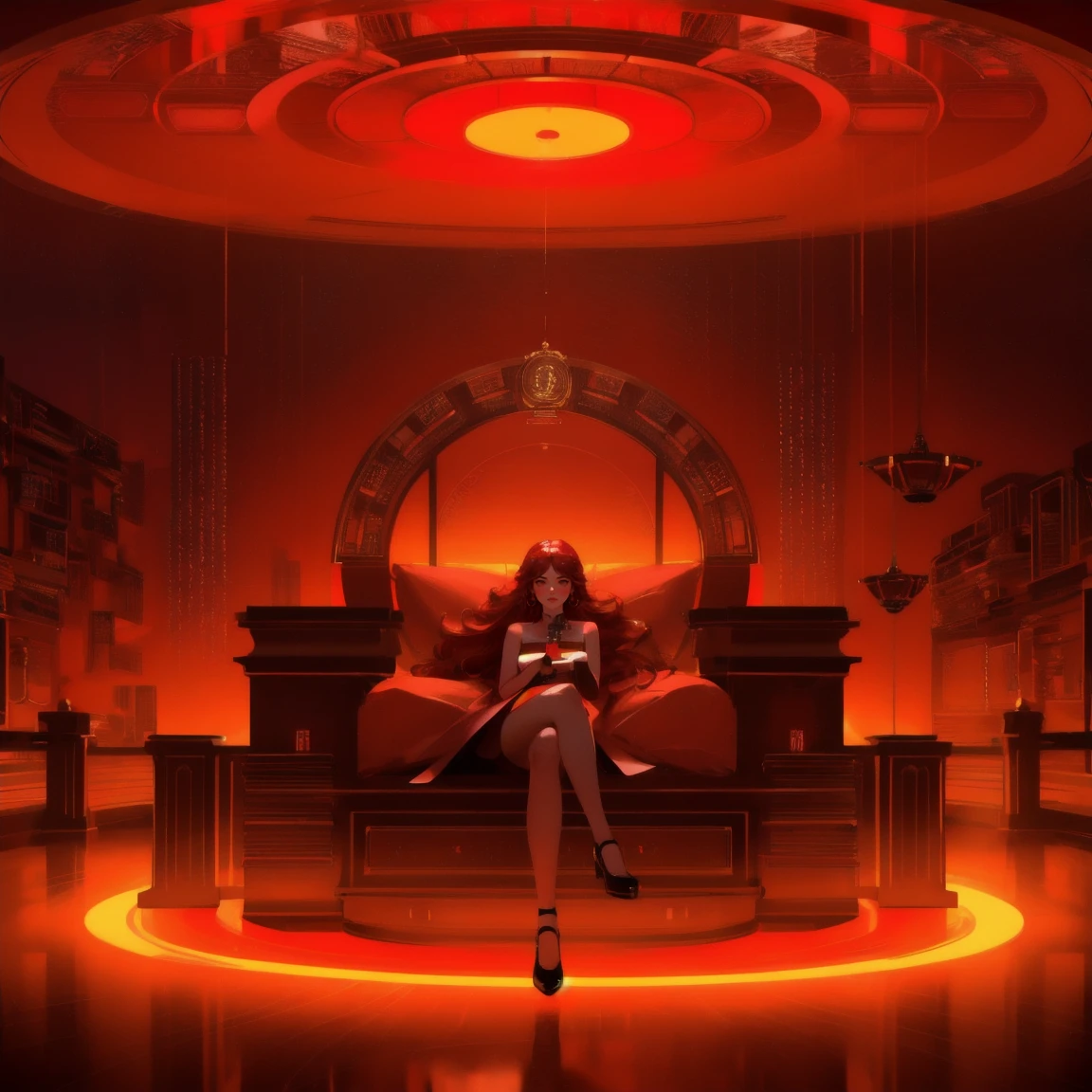 A girl in a lavish red-themed room, lying on a bed surrounded by stacks of cash and Bitcoin. The walls display futuristic charts, while the ceiling opens up to a swirling vortex leading to a distant city. The atmosphere is dominated by a fiery red hue, with flying cars and money floating around, creating a surreal, opulent scene