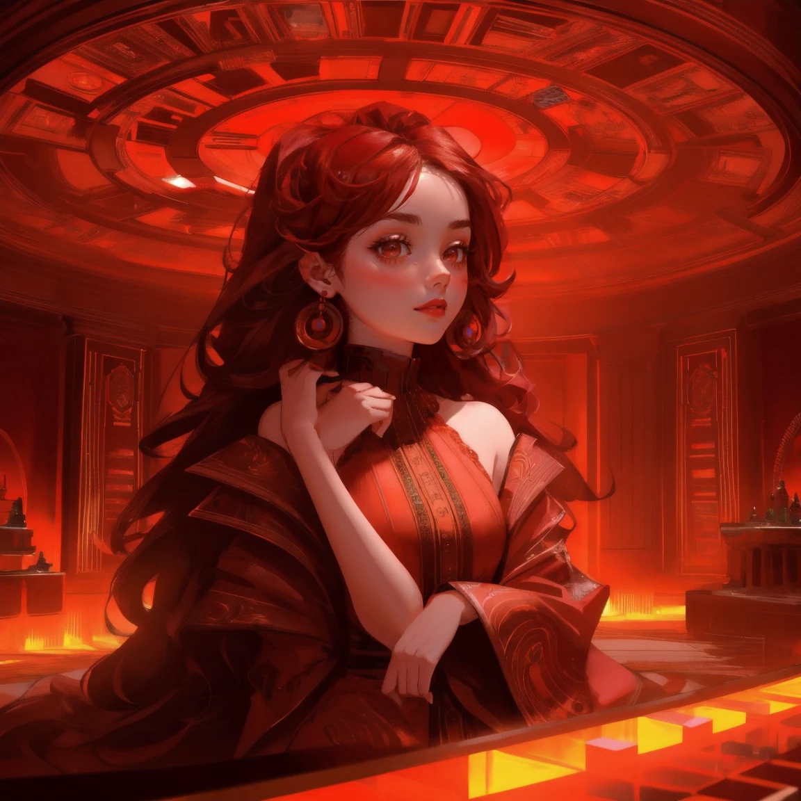 A girl in a lavish red-themed room, lying on a bed surrounded by stacks of cash and Bitcoin. The walls display futuristic charts, while the ceiling opens up to a swirling vortex leading to a distant city. The atmosphere is dominated by a fiery red hue, with flying cars and money floating around, creating a surreal, opulent scene