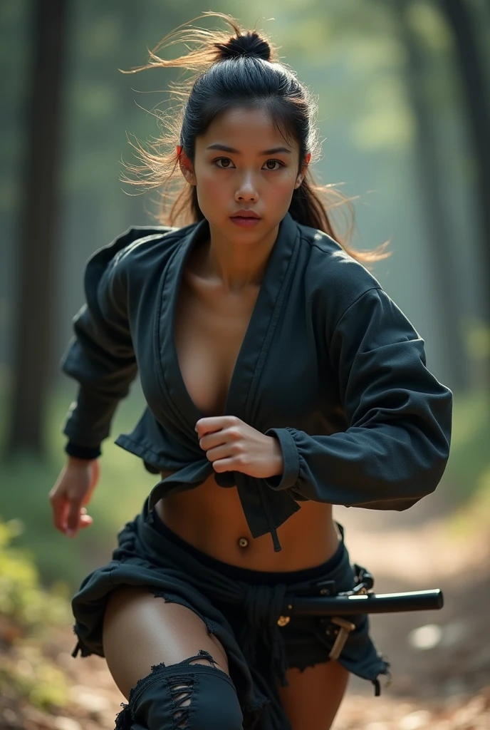 Highest quality, Realistic, Very detailed, finely, High resolution, 8k、Japanese Ninja、Tie your hair、Run、Double teeth、A face with dimples、Beautiful clavicle、Beautiful inner thighs、Delicate eyes、Facing forward、looking at the camera、Shuriken in the inner thigh、Torn clothes、With belly button piercing