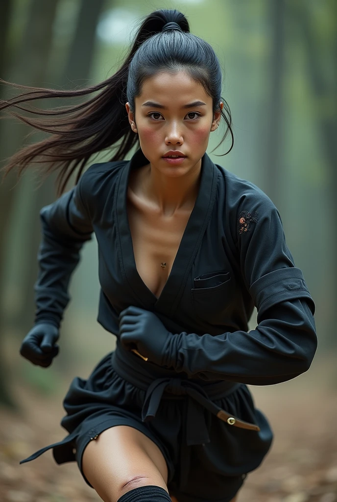 Highest quality, Realistic, Very detailed, finely, High resolution, 8k、Japanese Ninja、Tie your hair、Run、Double teeth、A face with dimples、Beautiful clavicle、Beautiful inner thighs、Delicate eyes、Facing forward、looking at the camera、Shuriken in the inner thigh、Torn clothes、With belly button piercing