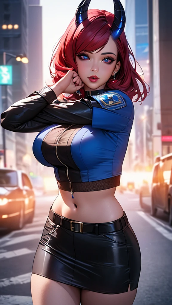 a beautiful girl with blue police uniform, short blue police shirt-top, blue police mini-skirt, fishnet stockings, demon horns, red hair, exposed midriff, belly button, belt, jewelry, glamorous makeup, stunning eyes, large breasts, covered nipples, night city background, posing, cinematic lighting, (best quality,4k,8k,highres,masterpiece:1.2),ultra-detailed,(realistic,photorealistic,photo-realistic:1.37),beautiful detailed eyes,beautiful detailed lips,extremely detailed eyes and face,longeyelashes,dark fantasy,sci-fi,neon lights