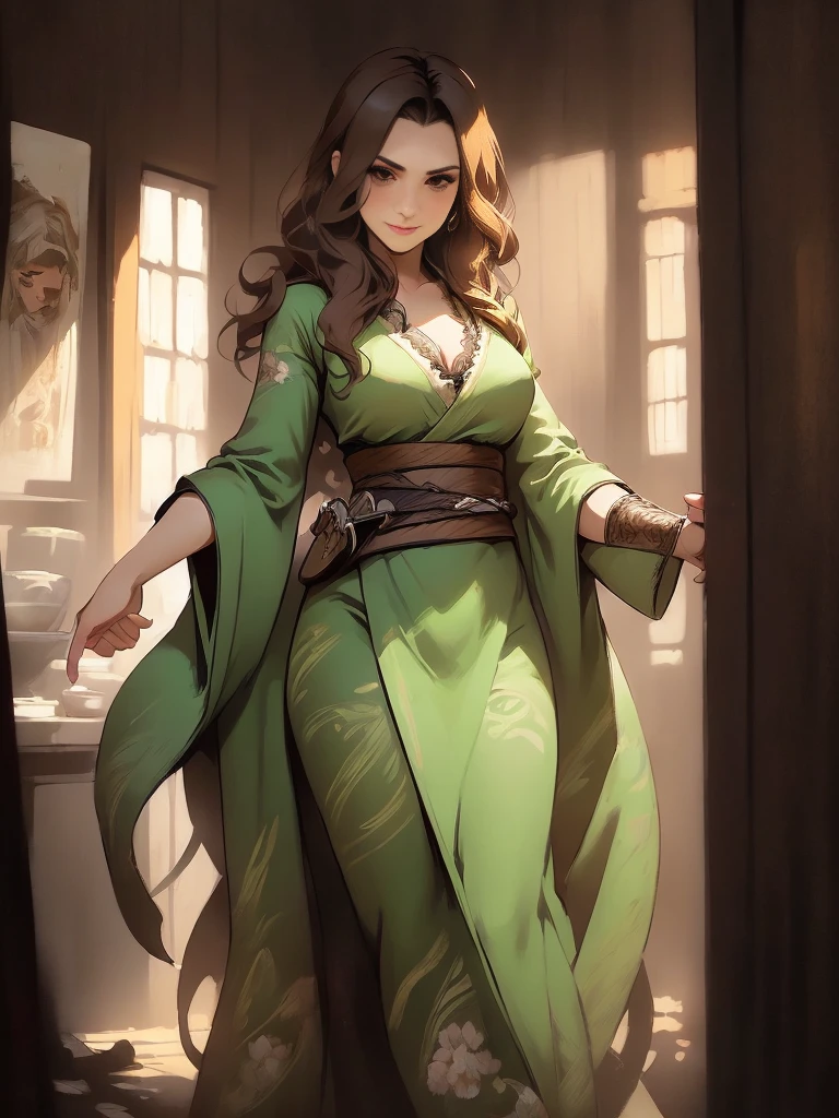 (Caucasianwoman, female, short brown hair, pale, brown eyes, solo portrait, natural breasts) green dress, long flowing dress, green clothing full body, smiling, standing inside, good lighting, daytime, inside of a tavern, ((masterpiece, best quality)), art by greg rutkowski