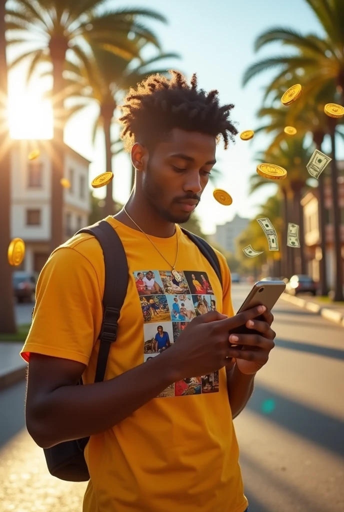 Image of a young Cape Verdean using a smartphone, with Instagram open and with money icons around)