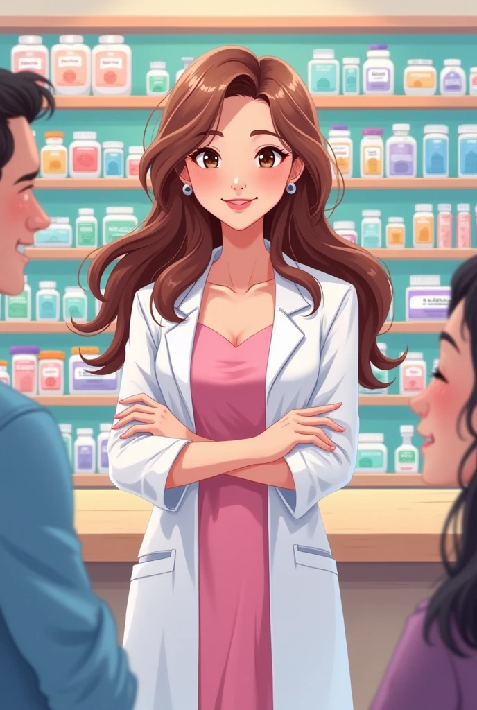 Beautiful Asia Woman cartoon Pharmacist with long light brown curved hair, wearing pink dress inside and gown outside, talking with a customer in the drugstore.