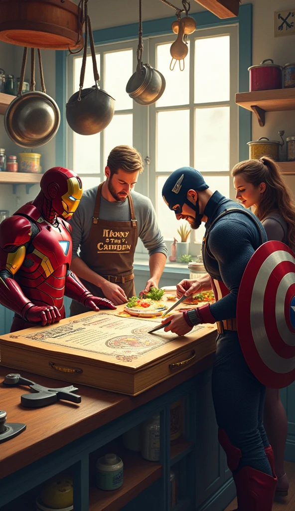 The Avengers team is learning to cook in the kitchen., following a recipe from a giant cookbook