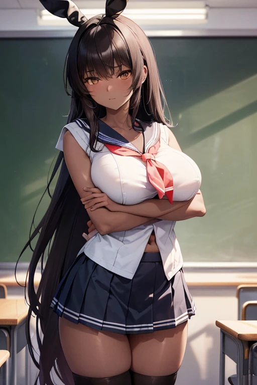 (((Upper Body、Shooting from below、Dark Skin、Arms crossed))、(((Accentuate your breasts、Uniform Sailor Suit、mini skirt、Brown Skin)))、Highest quality, 8k, masterpiece :1.3)), whole body, Sharp focus :One Girl,Glowing Skin,SSexy pose,Highest quality,Tabletop,shape,Very delicate and beautiful,Hmph,8k壁紙,wonderful,In detail,Official Art,Very detailedなティッカーUnity 8k壁紙,Unbelievably ridiculous,Large file size,Very detailedな,High resolution,Very detailed,Beautiful detailed,Realistic,X-ray,The queue is full,(((Uniform Sailor Suit、mini skirt、Wearing tights、)))、(((Big Breasts、Long black hair、Sexy Bunny Girl、Hairstyle: Long Hair.、Brown Skin)))、(((School、classroom、class)))、Stand upright、Cleavage , ((Long black hair.、Making a heart with hands、Dark Skin))、Sexy Bunny Girl、Sexy pose、Brown Skin.、School、classroom