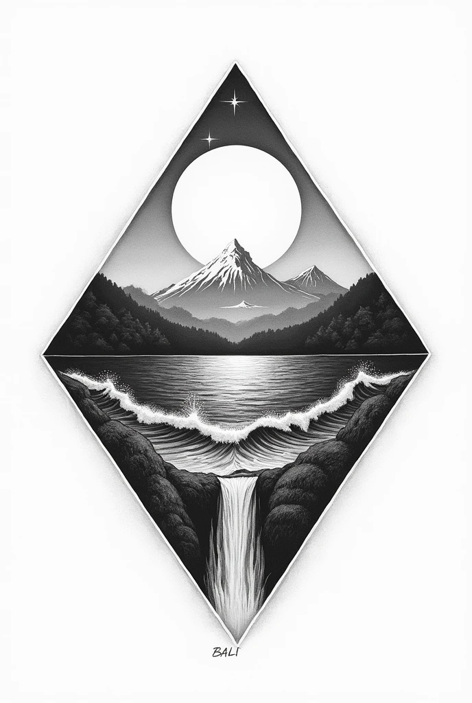 The image is a black and white drawing of a geometric design that includes a sun, moon, mountains, waves, and a waterfall. The elements are arranged in a triangular pattern.
The image may be called something like "Geometric Nature," "Elements of Nature," or "Triangle Nature." Bali style