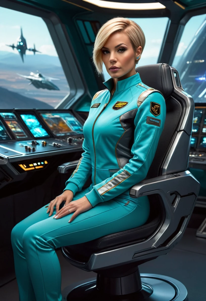 ((gorgeous realistic short hair blonde female 35 years age in a realistic futuristic large cockpit)), in a large room, ((playing Computer Games)), ((sitting on a stool with display and glowing control surfaces)), she is wearing a teal and grey gold badge track suit, (photorealistic), (in light grey and teal T Shirt and slacks), (Style-Glass), (()), hdr, antialiased, 8k, ((syd mead)), sharp details, ((masterpiece)), (painterly), (good anatomy), (good proportions), (good composition), (drama paint), (style-sylva magic) (perfect hands and fingers) busy day on a big space ship,