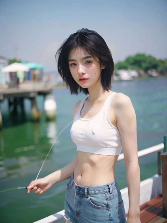 (8k, RAW photo, best quality, masterpiece:1.2),
(Highest quality, High resolution, masterpiece :1.3),
(Photo realistic: 1.4),
(super Realistic: 1.4),
(Realistic: 1.3), (Smooth lighting: 1.05),
(Improving the quality of cinema lighting: 0.9),
Realistic lighting,
high detail RAW color photo,
(Bright light: 1.2),
(Quality improvement: 1.4),
(High-quality, realistic textured skin: 1.4),
1woman,
(one person),
beautiful Japanese woman,
35-years-old,
slender face,
slender body,
flat chested,
wearing sports bra in white t-shirt,
wearing denim short pants,
black short hair,
brown eyes,
quality eyes,
actress,
boysh,
holding a fishing rod with small reel,
realistic background,
(background, fishing port, pier, fishing boat, sea),
blue sky,
an angler,
full body shot,
whole body,
wide angle,
fishing,
fishing up now,
take by lomo film camera,
use lomo film,