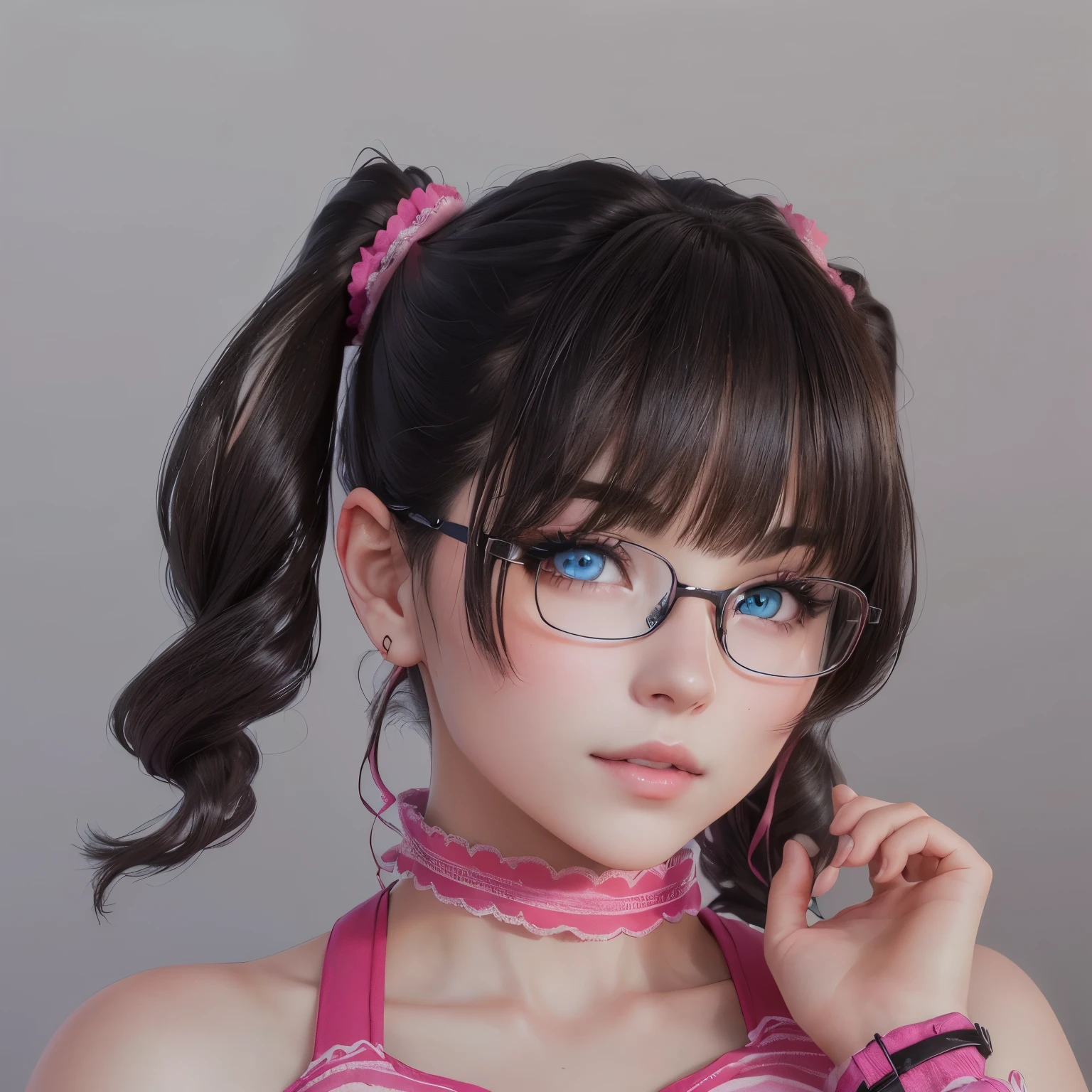 A woman wearing glasses and a pink top is posing for a photo。, Pink pigtails and cyan eyes, Photorealistic Anime Rendering, Cute 3D anime rendering, 8K Portrait Rendering, April Rendering, Highly detailed characters, 3D Anime Real, Has a very detailed face, [ 4K Photorealism ]!!, Cute realistic portrait