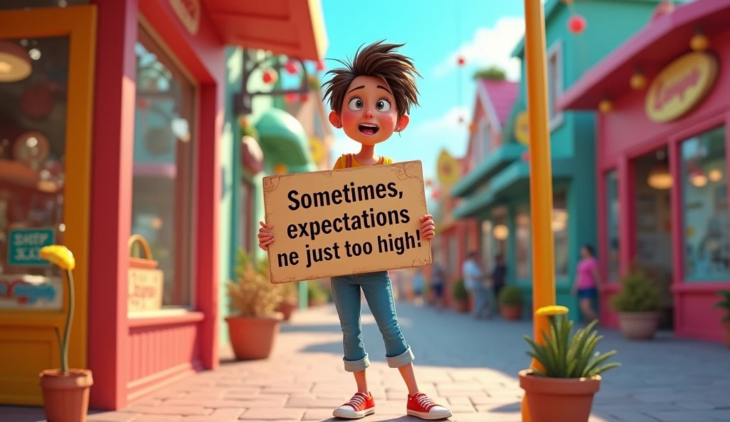 Exit of the Store: The final image shows the woman exiting the store with a mix of amusement and exasperation, holding a sign that reads, “Sometimes, expectations are just too high.” 3d cartoon style image 