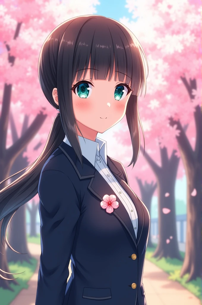 1girl,solo,tougou mimori,low ponytail,black hair,long hair,aqua eyes,sideburns,hair between eyes,Large amount of hair,blunt bangs,school uniform,blazer,large breasts,shiny hair, , 1 girl, 10 years old, small breast with flower, absurdres, highres,