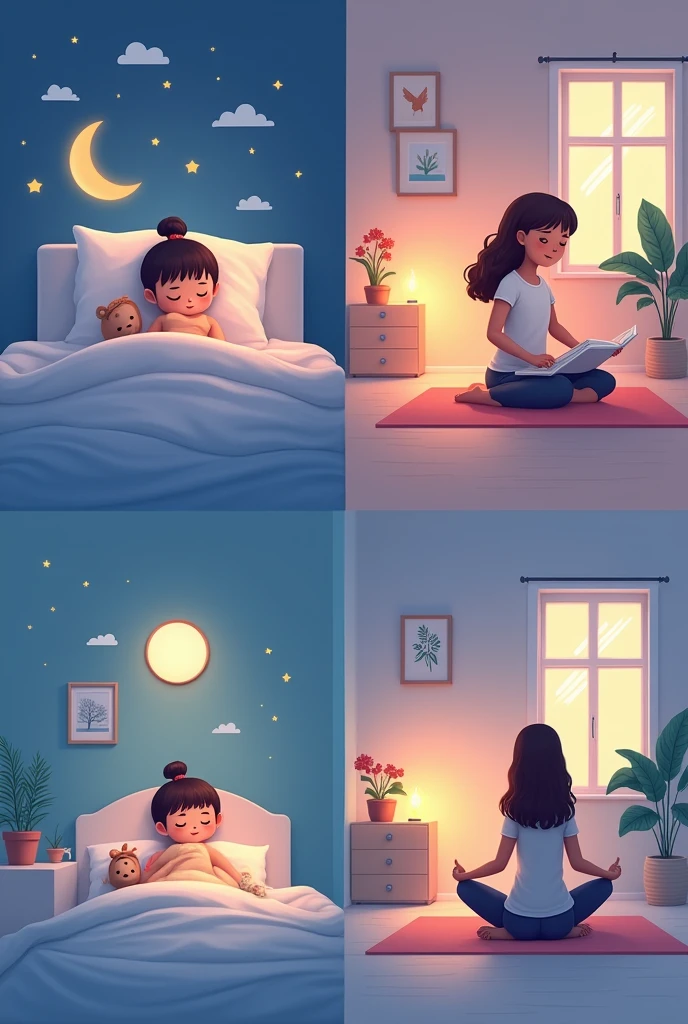 Create 4 image illustrations of how to fall asleep quickly