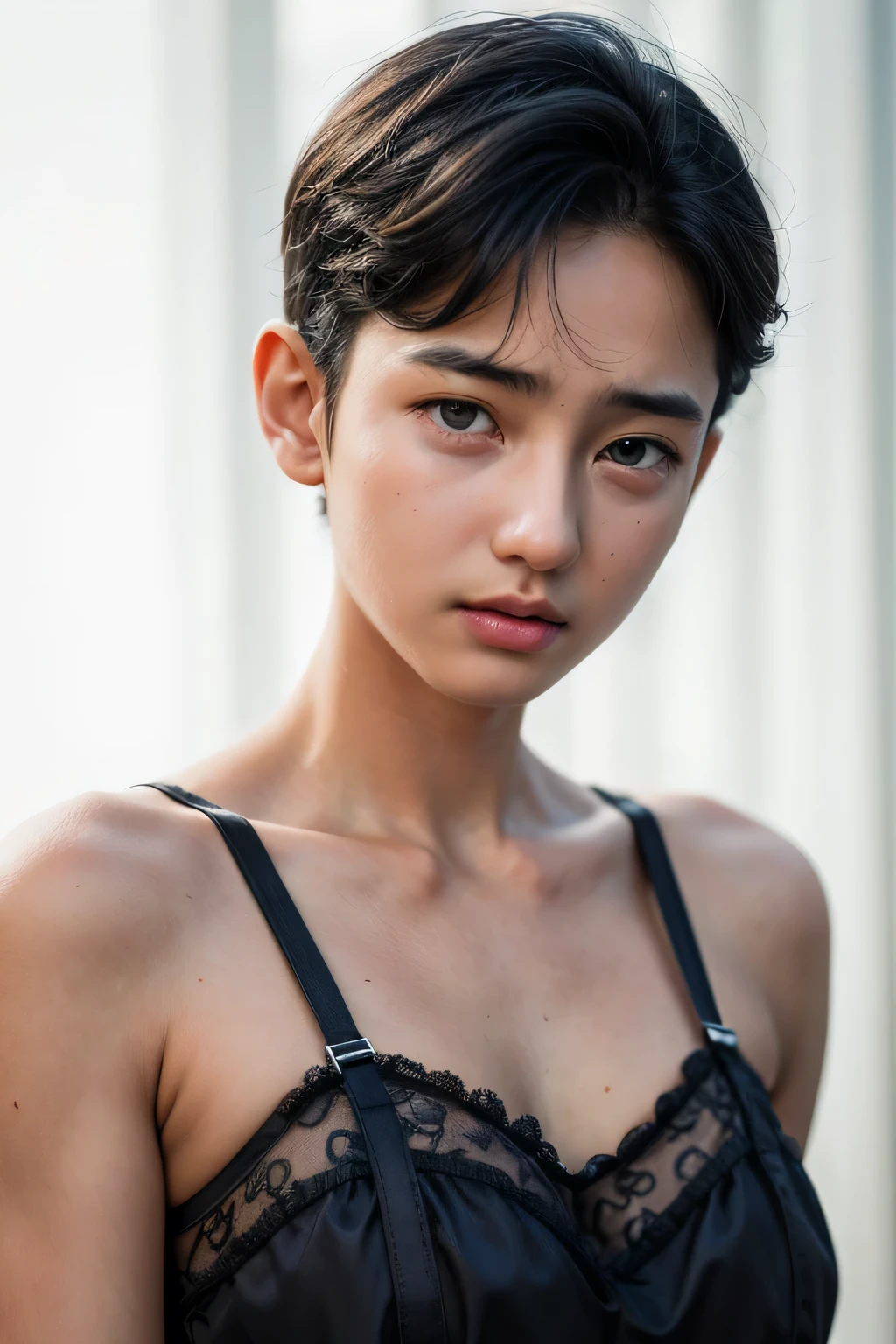 ((Femboy)), Shorthaircut Stylish, adorable, 1 femboy, (face to face), , ((baby face)), (cry sad face expression), half body portrait, (face details: 1), (eye details: 1), ((huge breasts)). wearing transparent transparency soft soft, .. Cute posed. proportional body. Ultra High Res. realistic: 1.4, UHD, (floral pattern), ((lingerie)) ((lace pattern))