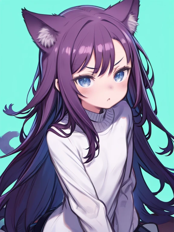 One person, alone, throw, View your viewers, Blue background, Simple Background, Flat Color, raifu, Dark Redhead, Straight hair, Long Hair, blue eyes, Cat ear, White sweater, (barefoot:0.3), Pouting, blush,