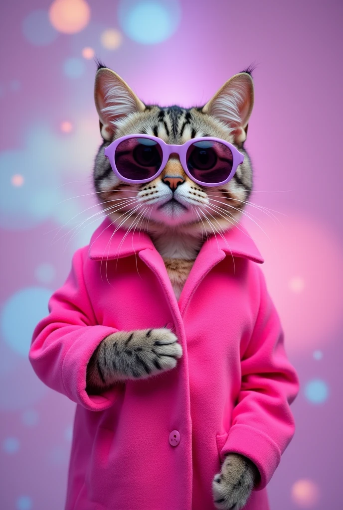 The best mobile wallpaper, Award-winning wallpaper, Portrait Photography, In front view is a portrait of a cute cat wearing 1960s mid-century space-age fashion, Side view shot, Shot with Canon EOS R5, Setting a stark contrast that accentuates the subject, Fluorescent pink and lavande shade, Wearing a very fashionable lounge coat and sunglasses are a hip 1960s style, Clothing all in one color pink, Beautiful background