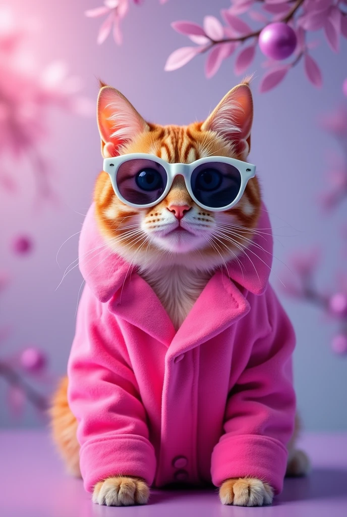 The best mobile wallpaper, Award-winning wallpaper, Portrait Photography, In front view is a portrait of a cute cat wearing 1960s mid-century space-age fashion, Side view shot, Shot with Canon EOS R5, Setting a stark contrast that accentuates the subject, Fluorescent pink and lavande shade, Wearing a very fashionable lounge coat and sunglasses are a hip 1960s style, Clothing all in one color pink, Beautiful background