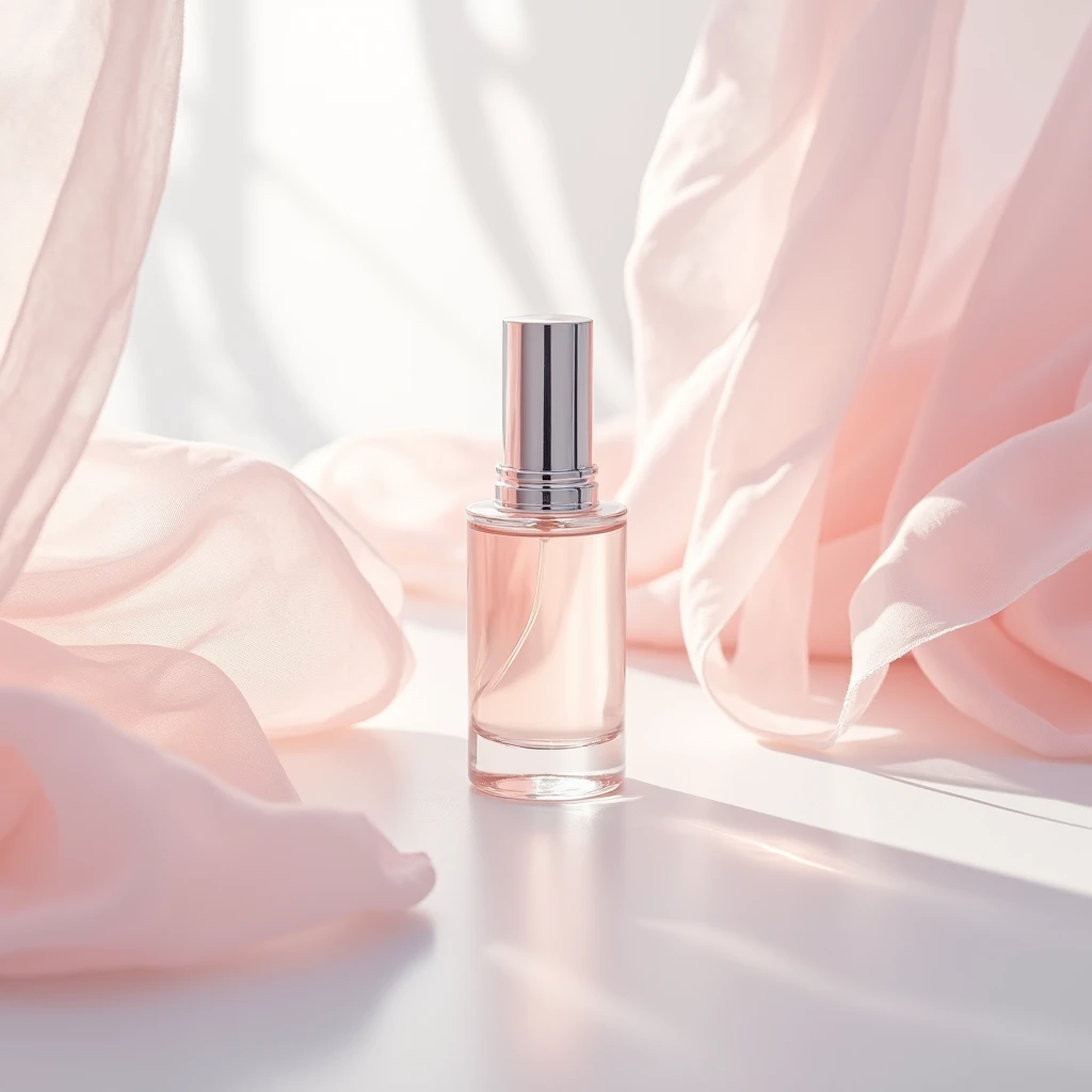 In this bottom view shot , the whitening essence bottle sits on a gleaming white surface , surrounded by wisps of pink chiffon . The bottle is slender and sophisticated , with a clear glass body and a gleaming silver cap . The chiffon adds a delicate , feminine touch to the image , while the clean lines and minimalist styling emphasize the elegance of the product . Shot by Ellen von Unwerth , using a Sony Alpha a7R IV and a Sony FE 50mm f /1.8 lens iw 2 --s 50