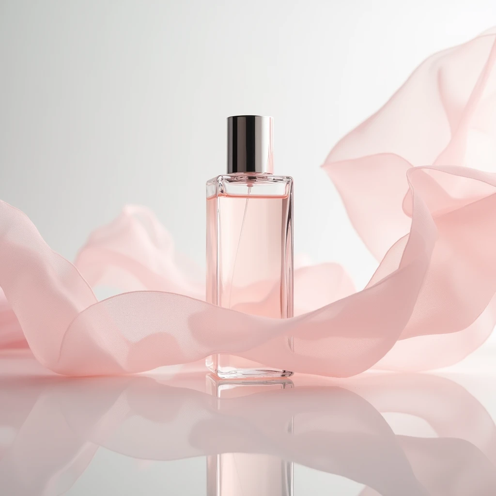 In this bottom view shot , the whitening essence bottle sits on a gleaming white surface , surrounded by wisps of pink chiffon . The bottle is slender and sophisticated , with a clear glass body and a gleaming silver cap . The chiffon adds a delicate , feminine touch to the image , while the clean lines and minimalist styling emphasize the elegance of the product . Shot by Ellen von Unwerth , using a Sony Alpha a7R IV and a Sony FE 50mm f /1.8 lens iw 2 --s 50