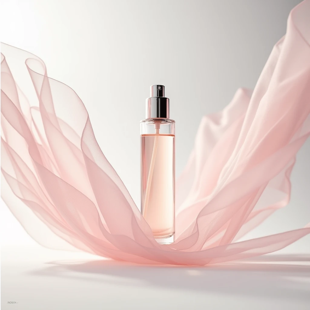 In this bottom view shot , the whitening essence bottle sits on a gleaming white surface , surrounded by wisps of pink chiffon . The bottle is slender and sophisticated , with a clear glass body and a gleaming silver cap . The chiffon adds a delicate , feminine touch to the image , while the clean lines and minimalist styling emphasize the elegance of the product . Shot by Ellen von Unwerth , using a Sony Alpha a7R IV and a Sony FE 50mm f /1.8 lens iw 2 --s 50