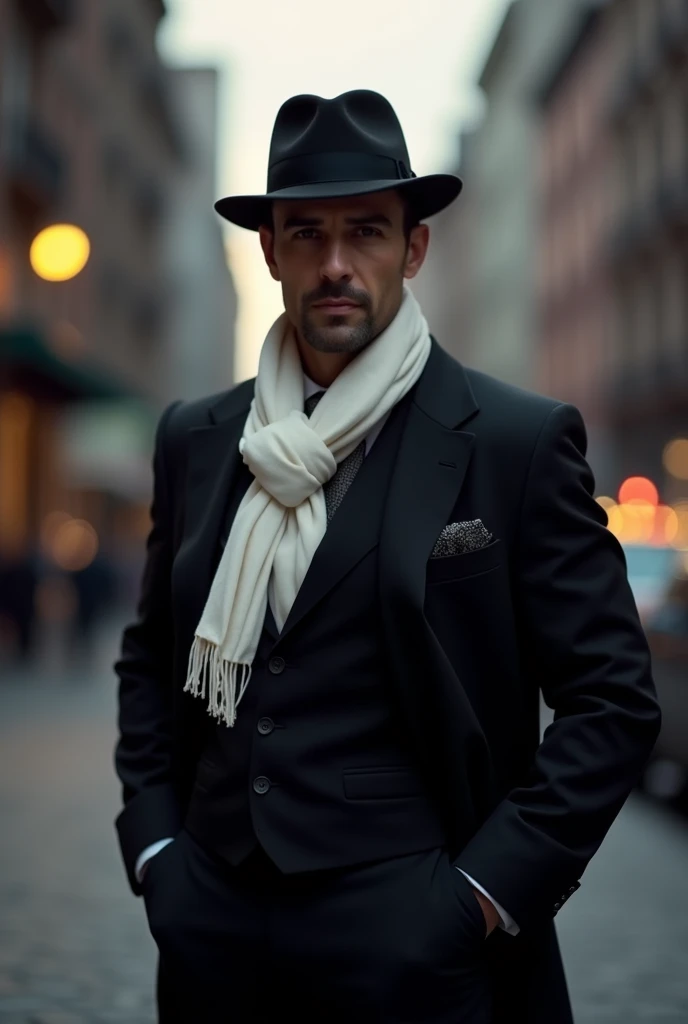 The man with fedora and have a white scarf on neck then wearing black suit