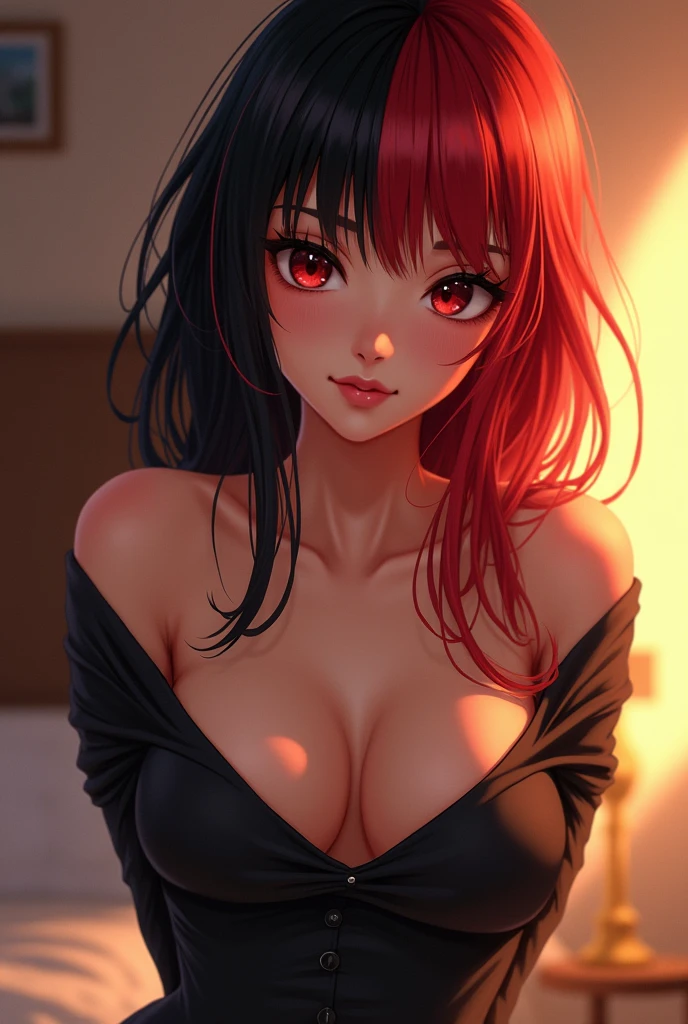 masterpiece, best quality, ultra-detailed, illustration,(1girl),beautiful detailed eyes, looking at viewer shyly, close up, (breast focus), (arms behind back:1.2), (from above:1.1), red and black hair, huge breasts, (breasts out:1.3), (off shoulder:1.1), underwear,