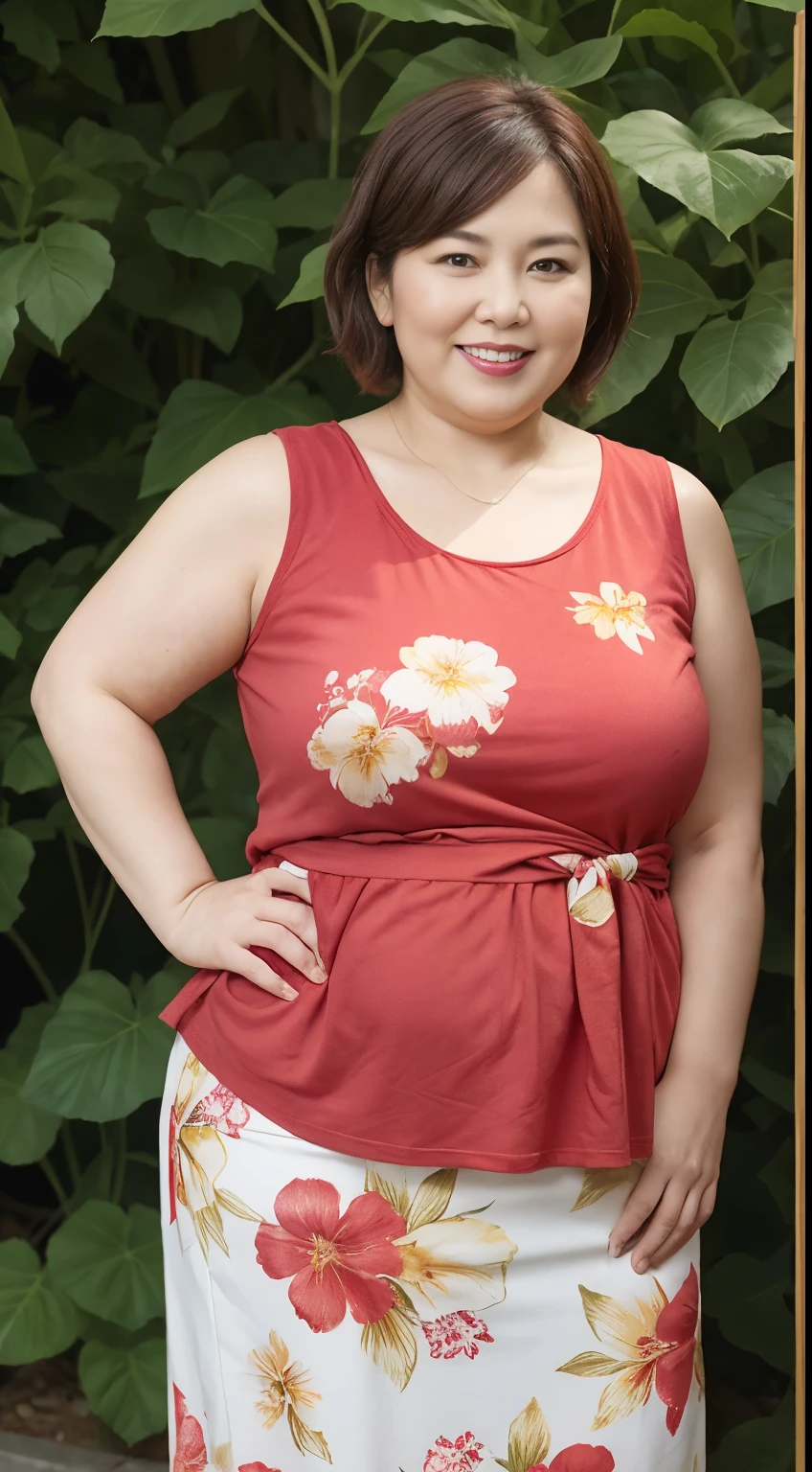 ((The scene is,Half body)), Obese body, Generous size, 55 years old,Middle-aged women,stand up,Smile,overweight,Short hair tied up ,Printed sleeveless red floral shirt,skirt,Highlight the breasts,Put her weight on her belly,Looking at the camera,Country Garden background,Smile,Smile