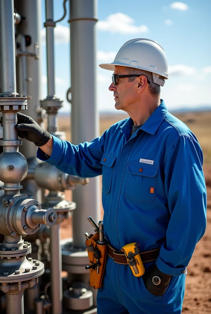 Wellhead field engineer male blue coverall
with wellhead x mass tree