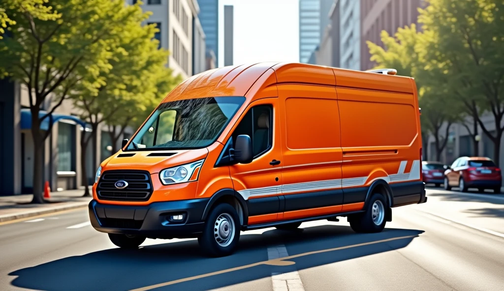 make an image of an orange delivery van with white and dark blue stripes make it realistic and give it a more realistic image size for your notebook background