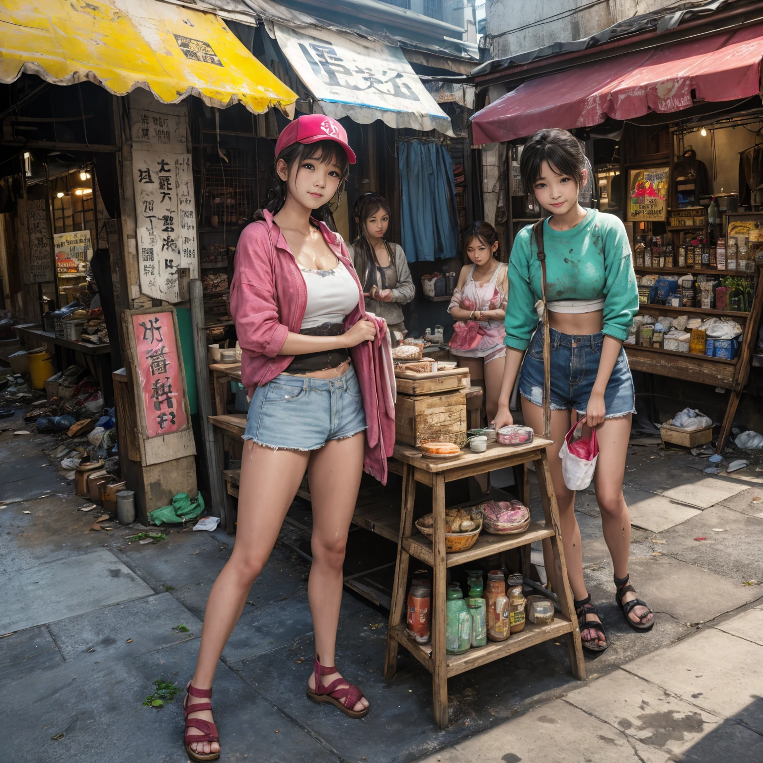 ((masterpiece、Highest quality))、Beautiful girls gather.、Three girls in summer clothes、(Showa Retro:1.2)、(Detailed and cute face:1.3)、(Poor conditions、Poor Street、Dim and unsanitary、Standing Bar、みんなで楽しくdiet、Crumbling underground shopping mall)、屋台のdiet店、stage、sewage、Dirty shop、street vendors、Unsanitary and abandoned city、smile、diet、Poor person々