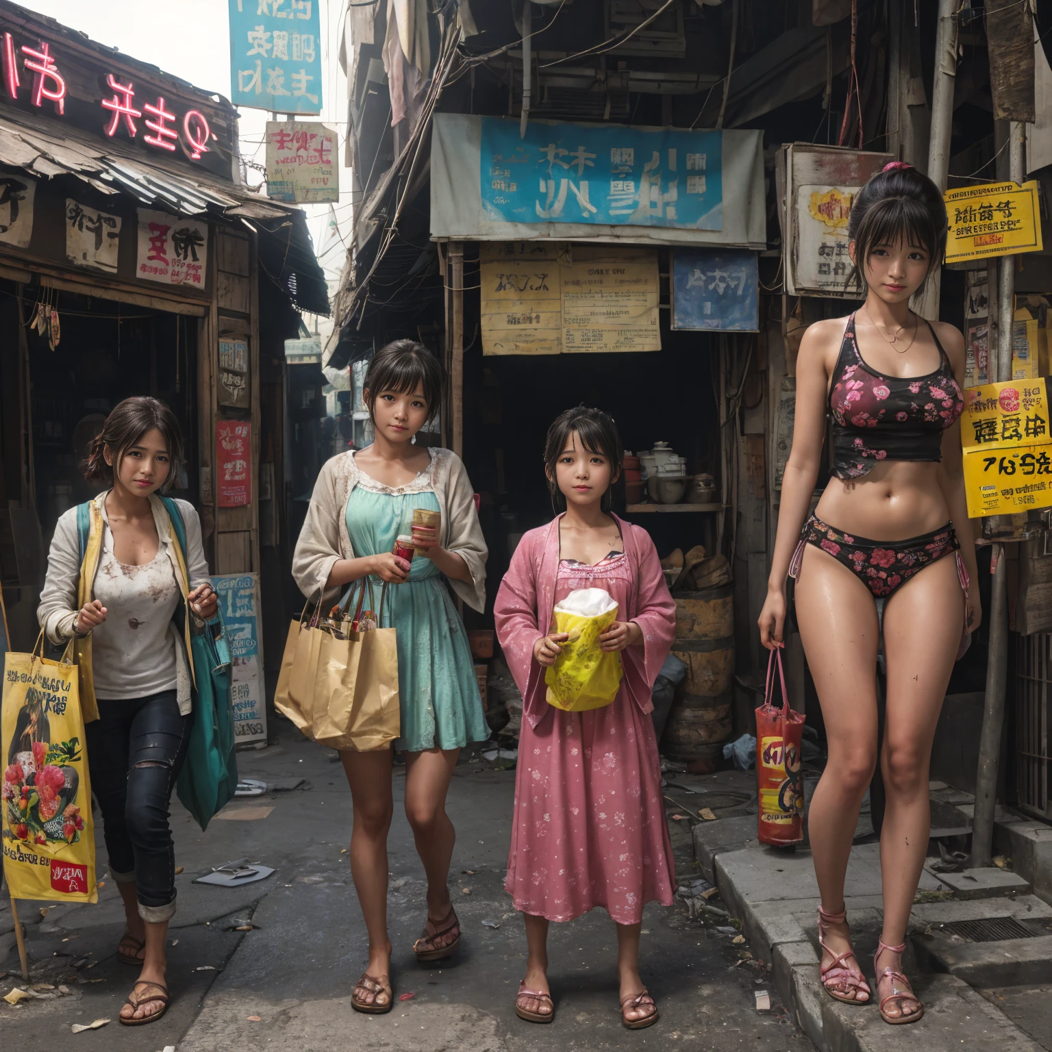 ((masterpiece、Highest quality))、Beautiful girls gather.、Three girls in summer clothes、(Showa Retro:1.2)、(Detailed and cute face:1.3)、(Poor conditions、Poor Street、Dim and unsanitary、Standing Bar、みんなで楽しくdiet、Crumbling underground shopping mall)、屋台のdiet店、stage、sewage、Dirty shop、street vendors、Unsanitary and abandoned city、smile、diet、Poor person々