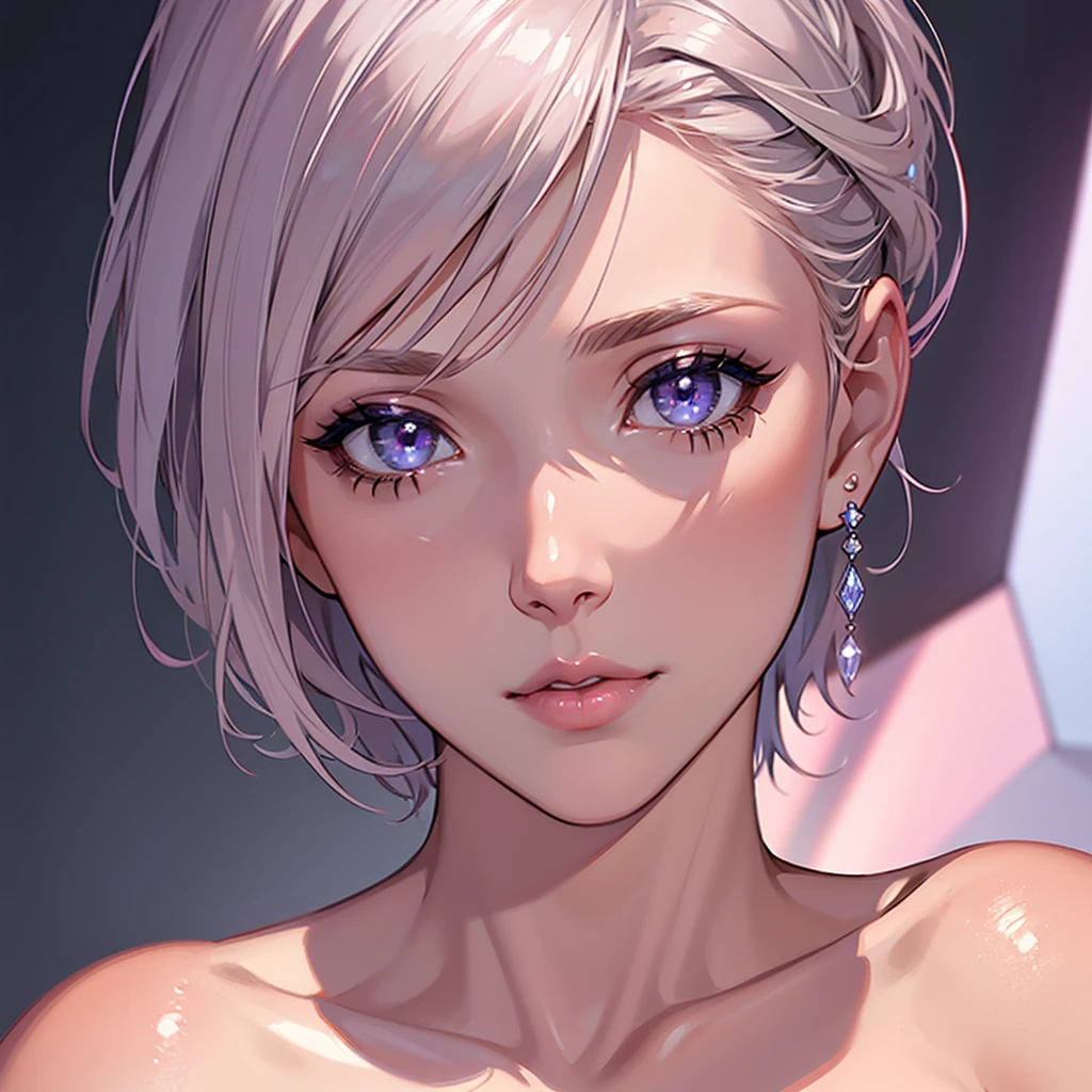 close-up shot of 1girl, light pink short hair, silver eyes, glossy lips, sapphire earrings, iper-realistic, masterpiece, cinematic lighting, best quality, anatomically perfect.
