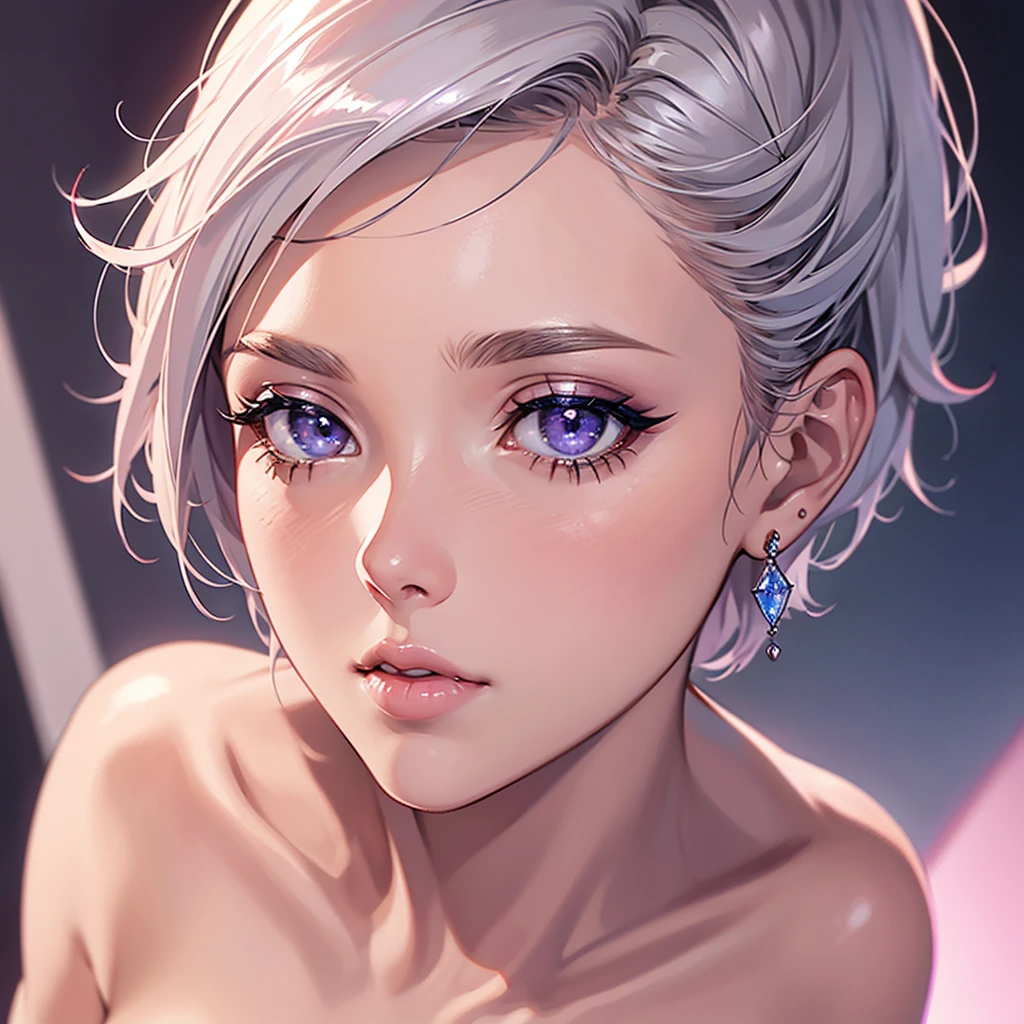 close-up shot of 1girl, light pink short hair, silver eyes, glossy lips, sapphire earrings, iper-realistic, masterpiece, cinematic lighting, best quality, anatomically perfect.